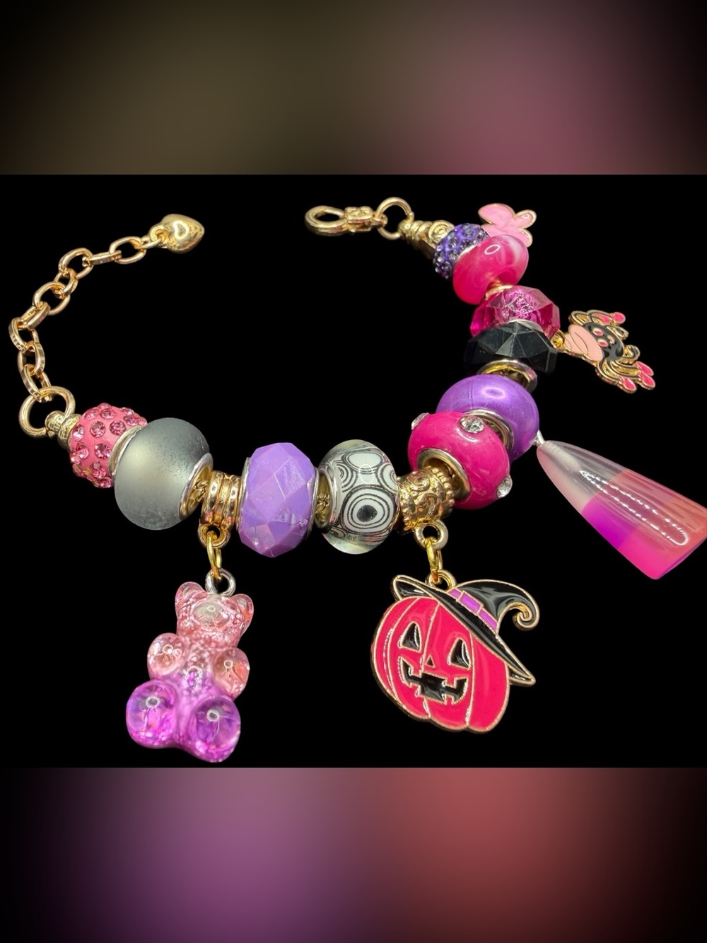 Handmade Halloween Charm Bracelet “Ghoul Friend”Line in Pink Purple